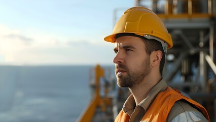 Male engineer oversees safety on offshore platform with ocean view observation deck. Concept Offshore platform, Engineer, Safety oversight, Ocean view, Observation deck