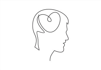 One line icon thinking with heart concept.Vector minimal continuous line logo design. Human head, face profile illustration.