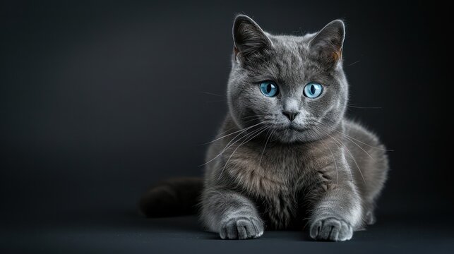 cat with blue eyes, sitting on the floor against a dark background