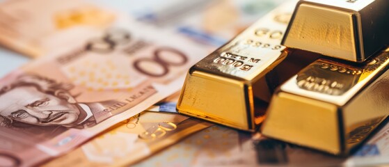 Gold bars over banknotes background