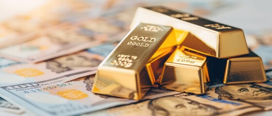 Gold bars over banknotes background