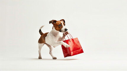 Portrait of cute dog with shopping bag isolated on white background