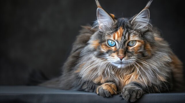 cat with blue eyes, sitting on the floor against a dark background