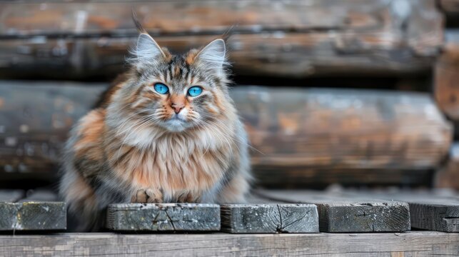 cat with blue eyes, sitting on the floor against a dark background