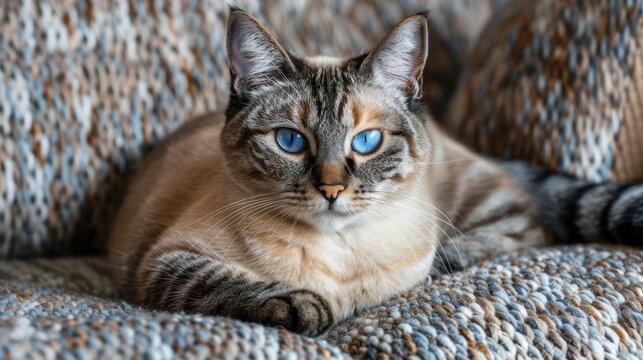 cat with blue eyes, sitting on the floor against a dark background