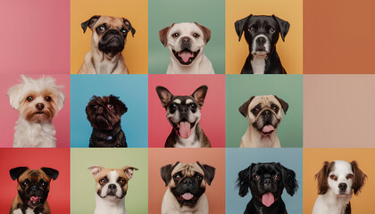 Collage with different dogs on color background