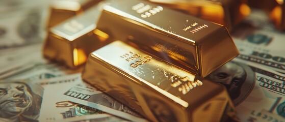 Gold bars over banknotes background