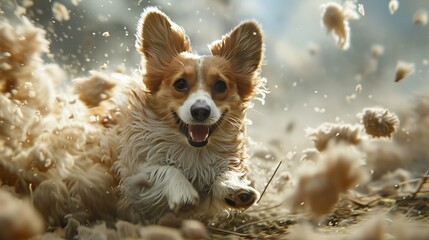 Craft an image of pets with their fluffy fur ruffled by the wind