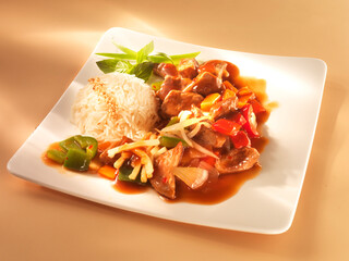Asia Schweinefleisch, asiatisch, Gemüse, Parika, Tellergericht,