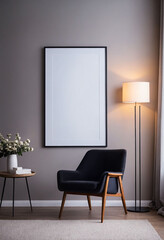 Empty blank wall frame, simple and modern cozy chair home interior background
