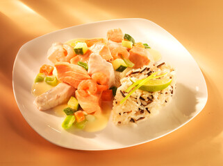 Fischragout, meeresfrüchte, Reis, gekocht, Gemüse, Fisch,