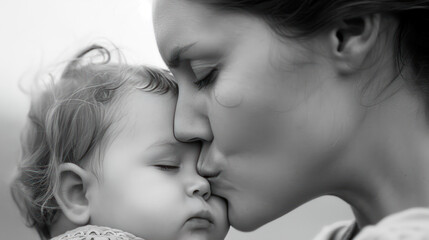The tender moment when a mother plants a kiss on her child's forehead, reassuring them of her love.