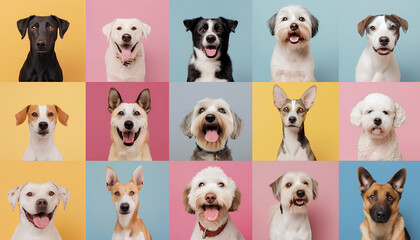 Collage with different dogs on color background