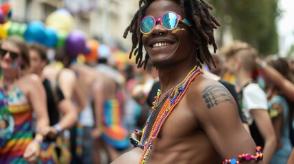 a young black man with dreadlocks and wearing rainbowcolored sunglasses smiles while holding his...