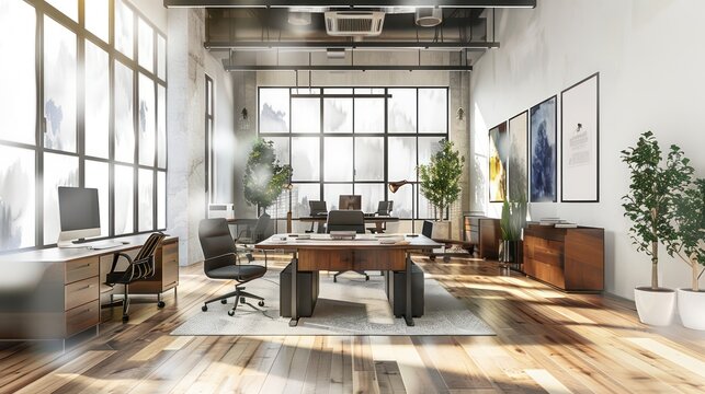 modern office in watercolor painting