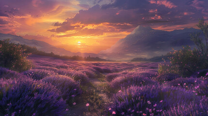The tranquil beauty of a sunset over a field of lavender, the air filled with the sweet scent of blooming flowers as the day comes to a close.
