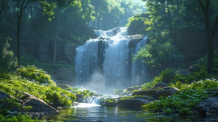 Vibrant jungle waterfall high res, lush greenery, misty waters, realistic photographic style
