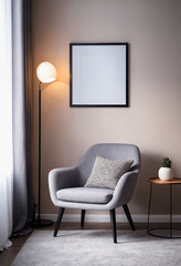 Empty blank wall frame, simple and modern cozy chair home interior background
