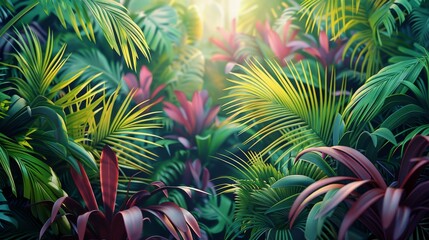 Tropical fantastic vegetation, plain colors, multicolor. Generative AI.