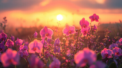 The tranquil beauty of a sunset over a field of orchids, their exotic blooms bathed in the soft, ethereal light of evening.
