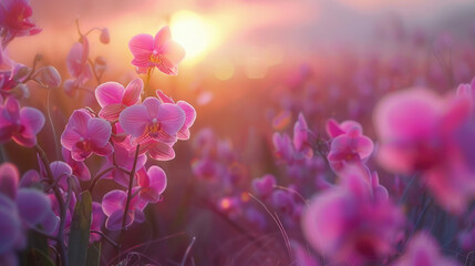 The tranquil beauty of a sunset over a field of orchids, their exotic blooms bathed in the soft, ethereal light of evening.
