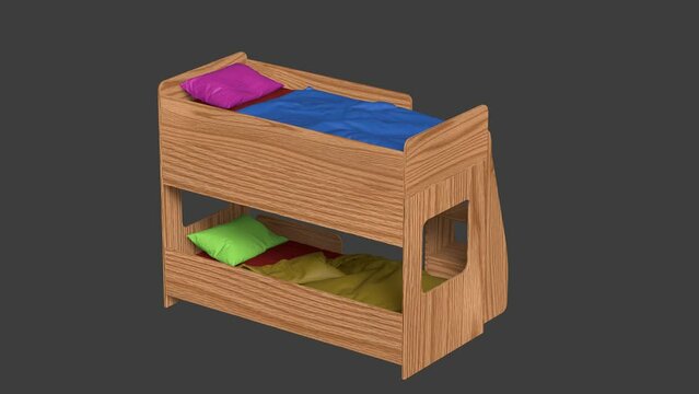 A wooden bunk bed with a blue blanket and pillows. The bed is empty and the pillows are in different colors