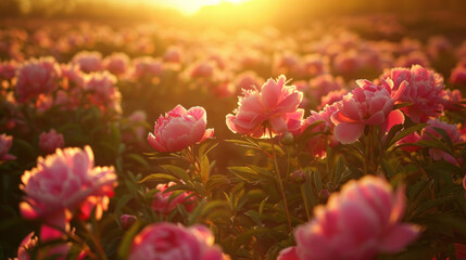 The tranquil beauty of a sunset over a field of peonies, their lush blooms casting long shadows in the fading light of day.