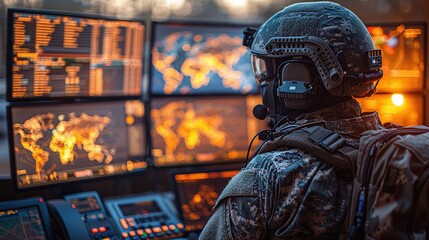 soldiers watching the battle through a monitor, team play, battle strategy. cyber security. victory in battle