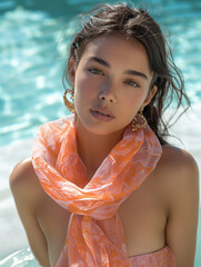 A beautiful fashion model wearing a neon pink and orange printed silk scarf, posing in a white marble pool with crystal clear blue water. Fashion summer concept.