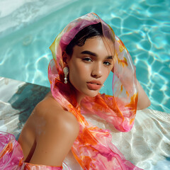 A beautiful fashion model wearing a neon pink and orange printed silk scarf, posing in a white marble pool with crystal clear blue water. Fashion summer concept. Photography in the style of a magazine