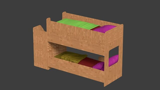 A wooden bunk bed with a red blanket and a green pillow. The bed is on a dark background