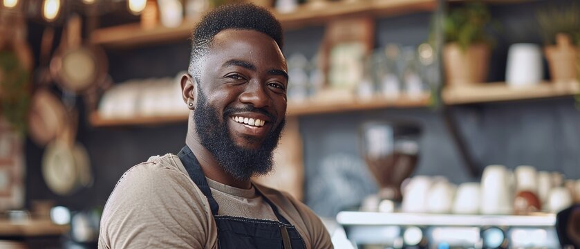An African-American barista wearing an apron smiles in a coffee shop restaurant. He is posed behind a cozy loft-style cafe counter.