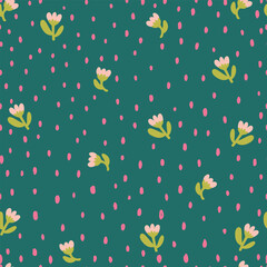 Small pink flowers with dots on green backround, seamless pattern.	
