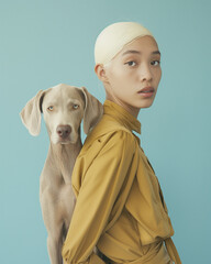 Modern fashion: young woman with white hair and Weimaraner dog on blue background. Fashion shooting. Banner, cover, wallpaper