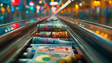 Endlessly moving conveyor belt with vivid depiction of varied international currencies