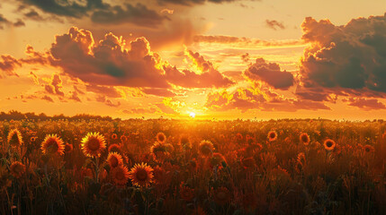 The tranquil majesty of a sunset over a field of sunflowers, their golden petals aglow in the fading light of day.