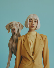 Modern fashion: young Mexican girl with white hair and Weimaraner dog. Fashion shooting. Banner, cover, wallpaper