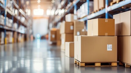 Light contemporary well organized logistics centre and warehouse with boxes on pallets standing on the floor and on shelves