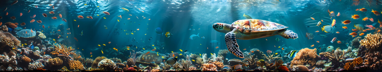 Tropical sea underwater fishes on coral reef. Aquarium oceanarium wildlife colorful marine panorama landscape nature snorkel diving, coral reef and fishes