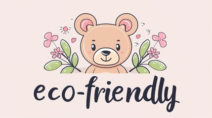 vector logo of a cute baby bear, marketing for front of package, saying eco-friendly, light background