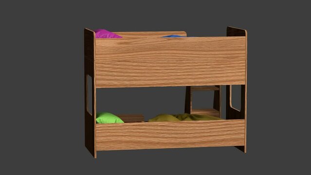 A wooden bunk bed with a blue pillow and a red pillow. The bed is on a dark background