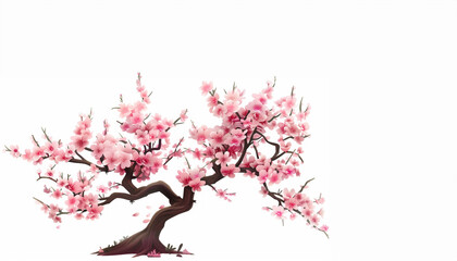 A tree sakura with pink blossoms is the main focus of the image. The tree is tall and has a slender trunk, with branches that spread out in various directions. The blossoms are pink.