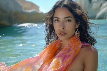 Vibrant elegance: model in pink and orange scarf on the beach. Minimal summer concept.