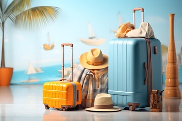 Pile of travel suitcases on floor blue sky. Vacation concept