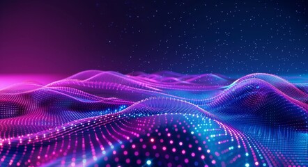 Abstract dark blue background with purple lines and glowing dots on top of the surface, creating an abstract digital landscape with geometric shapes and perspective effect