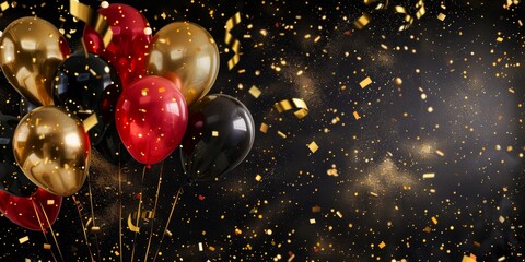 Balloons on a black background and confetti
