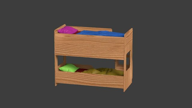 A wooden bunk bed with a red blanket and a blue blanket