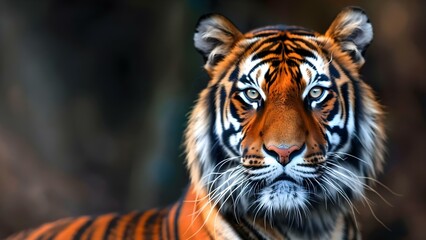 Fototapeta premium Tigers closeup portrait showcases powerful gaze and majestic presence of endangered big cat. Concept Wildlife Photography, Endangered Species, Animal Conservation, Majestic Tigers, Closeup Portraits