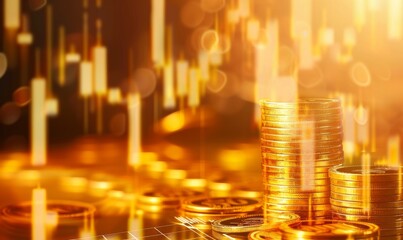 Abstract gold coins with anppum, symbol of interest rate and stock market background