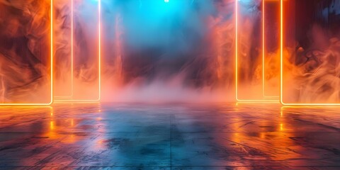 Empty dark stage with blue background neon lights concrete floor and smoke. Concept Stage Design, Blue Background, Neon Lights, Concrete Floor, Smoke Effects